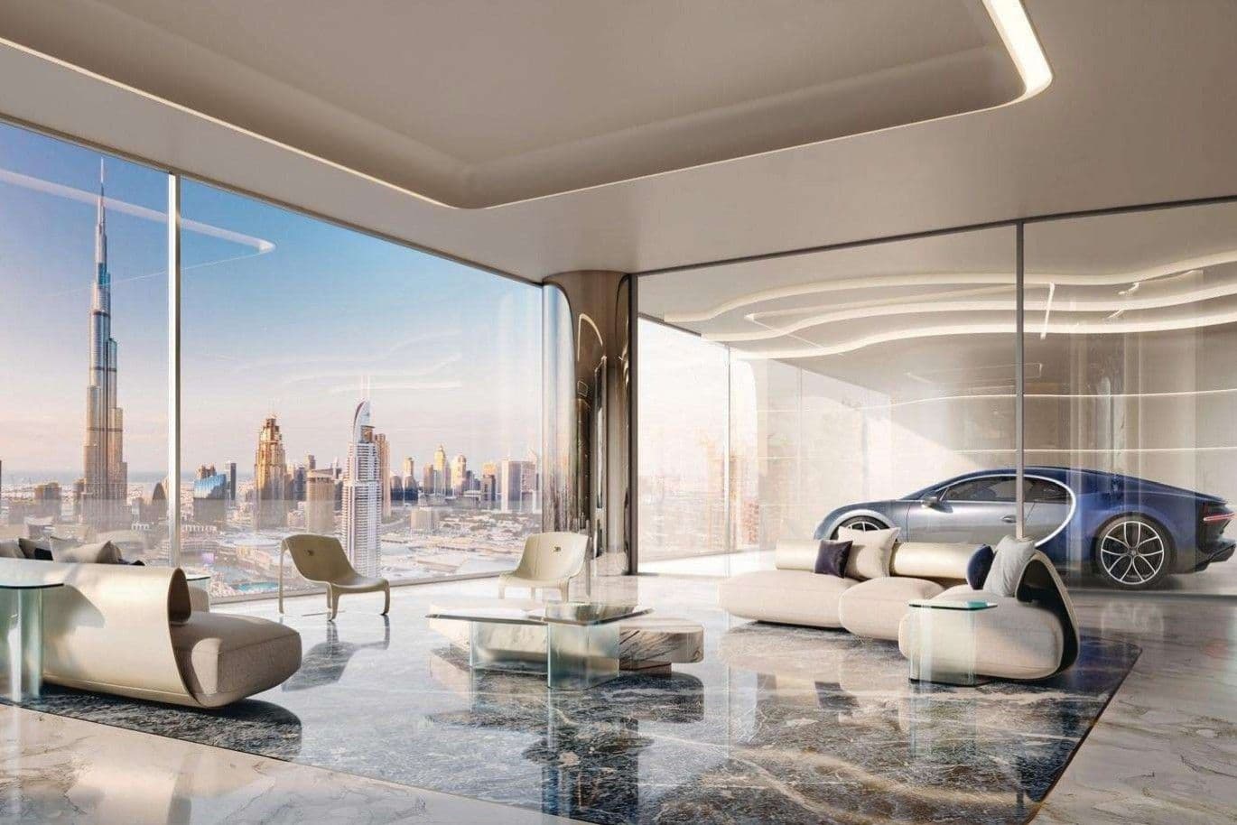 Luxurious modern living room with a city skyline view, sleek furniture, marble floors, and a Bugatti super car displayed behind glass.