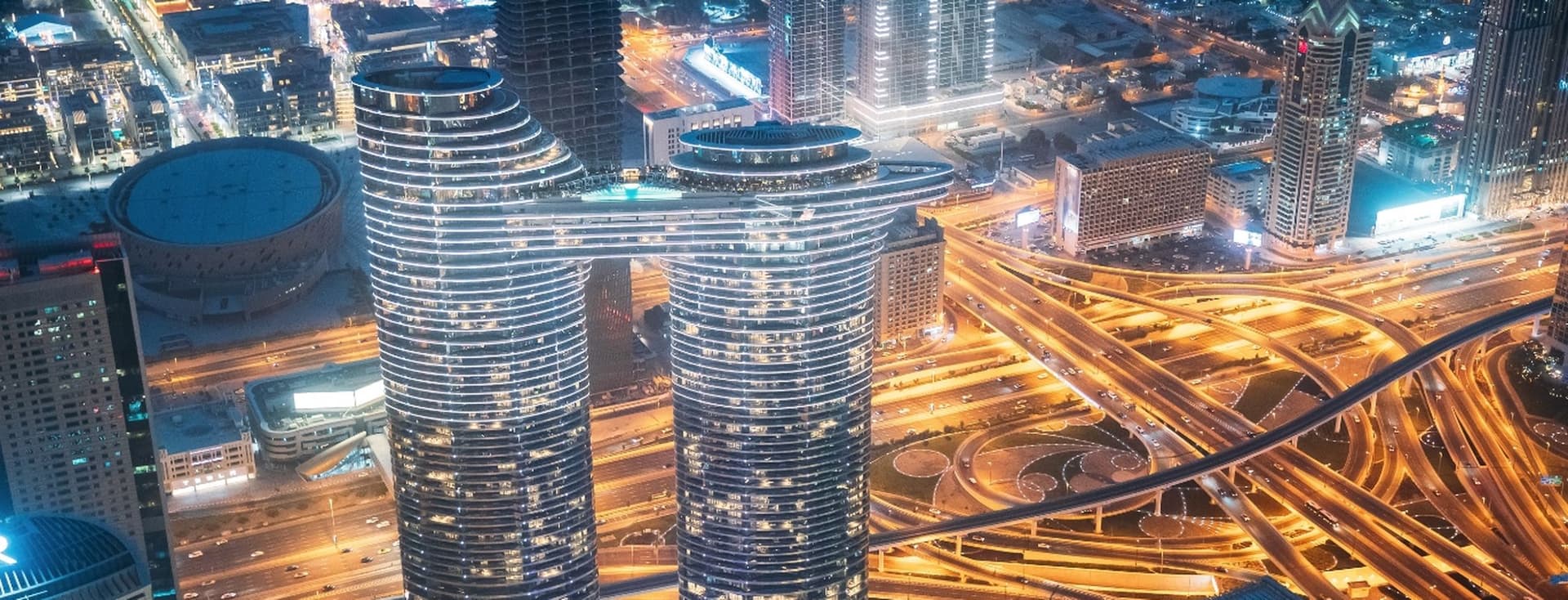 Nighttime shot of Address Skyview and Downtown Dubai