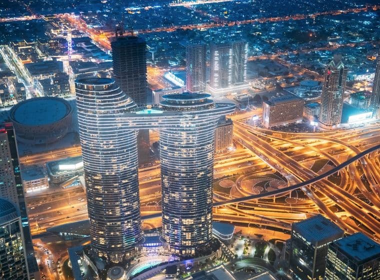 Nighttime shot of Address Skyview and Downtown Dubai