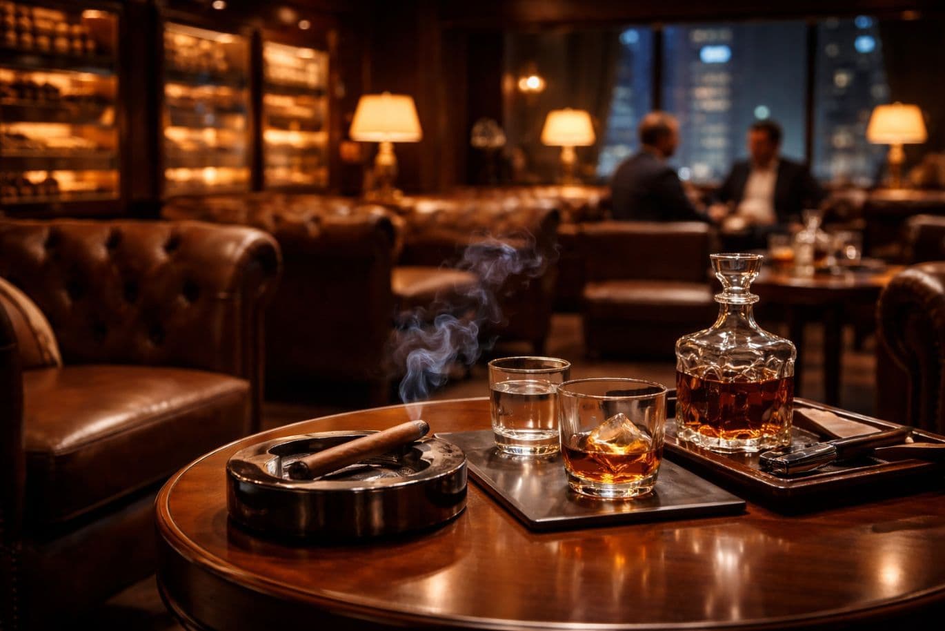 Luxurious lounge with leather seating, a cigar on an ashtray, two glasses and a decanter on a table, and cityscape visible through the windows.