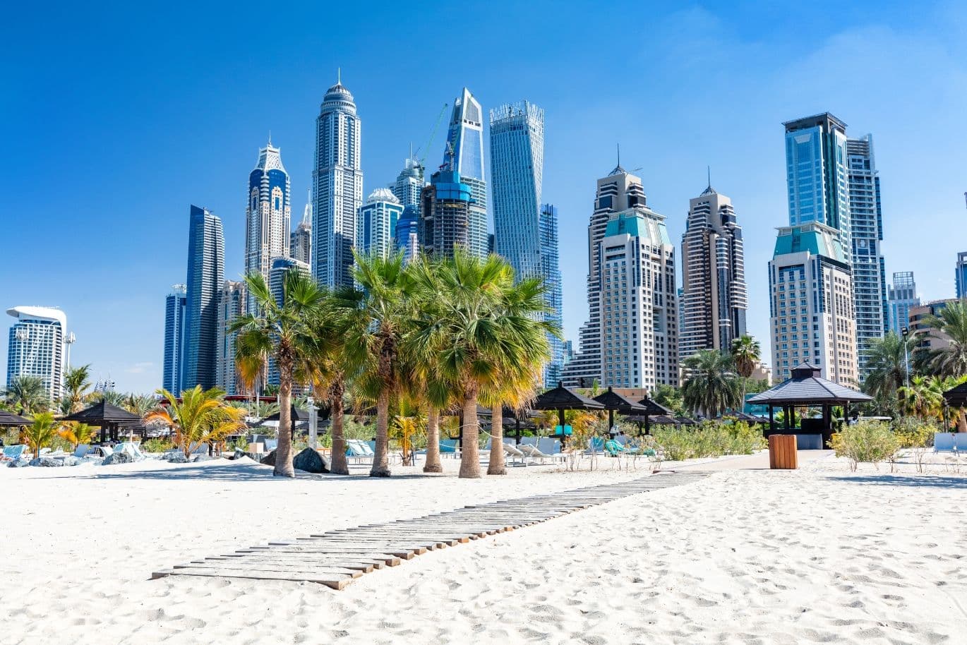JBR Beach, ein beliebtes Touristenziel, das Dubais florierende Tourismusbranche und Attraktivität für Investitionen unterstreicht.
