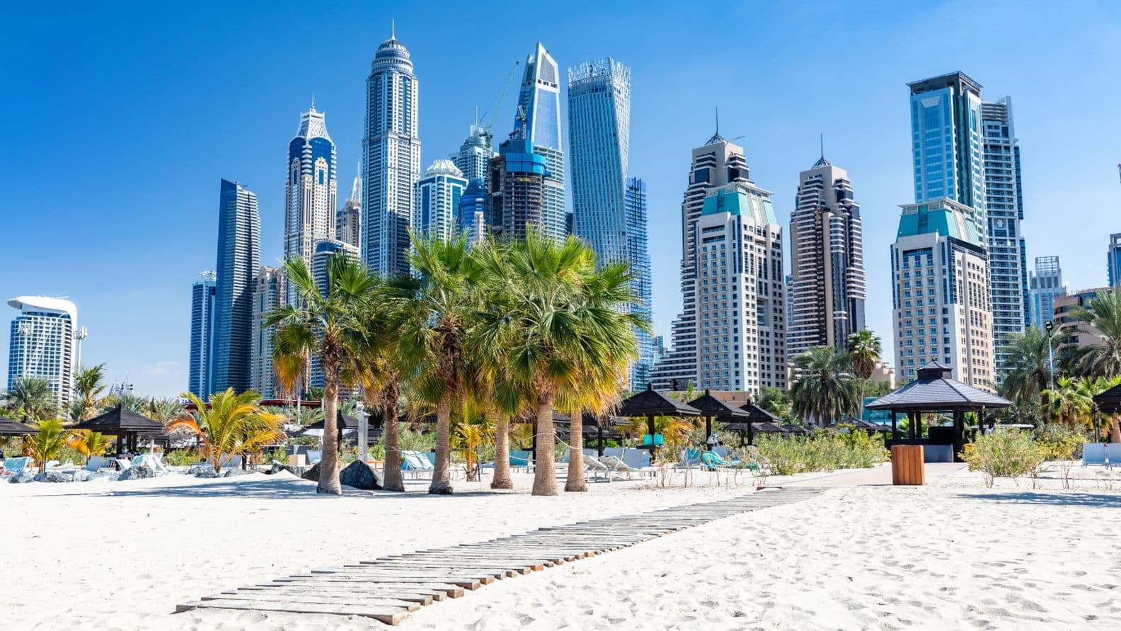Sandy beach with palm trees and a wooden walkway, set against a backdrop of modern skyscrapers under a clear blue sky.