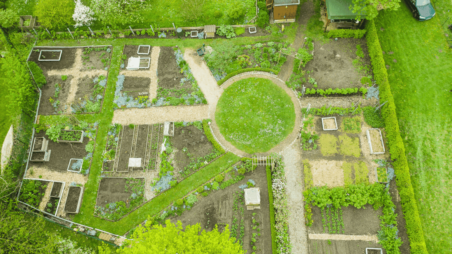 Luftaufnahme eines organisierten Gartens mit Wegen, rechteckigen Pflanzbeeten, einer kreisförmigen Rasenfläche und einem kleinen, von Grün umgebenen Schuppen.
