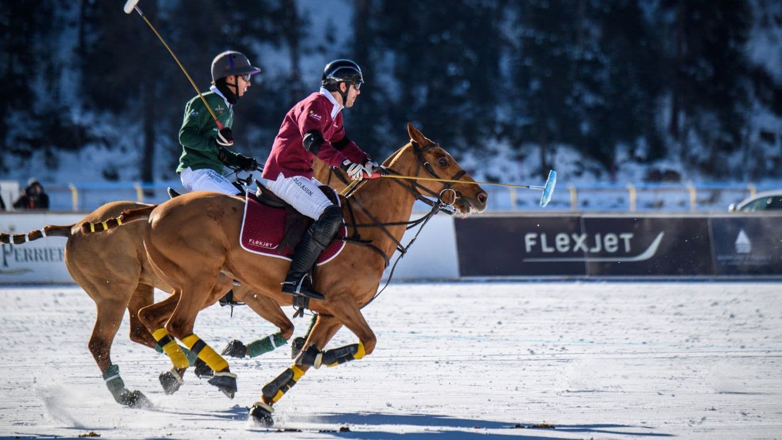 Two polo players in action on a snowy field, wearing green and red jerseys, riding brown horses, with a forested background.