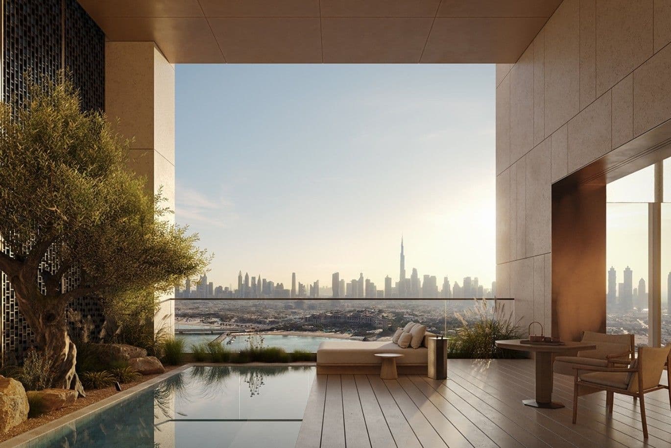 Luxurious balcony with a pool, seating area, and Dubai skyline views at sunset, featuring an elegant blend of natural and modern design elements.