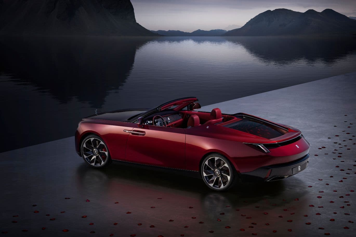 Rolls-Royce La Rose Noire Droptail in front of lake