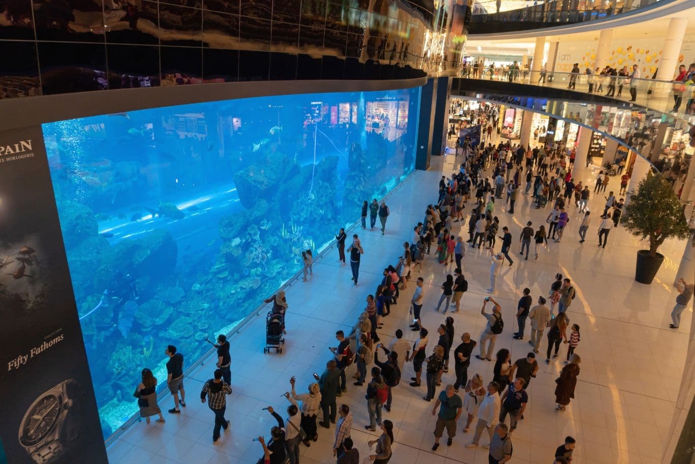 Interior of the Dubai Mall featuring the aquarium’s spectacular main fishtank, a must-see attraction