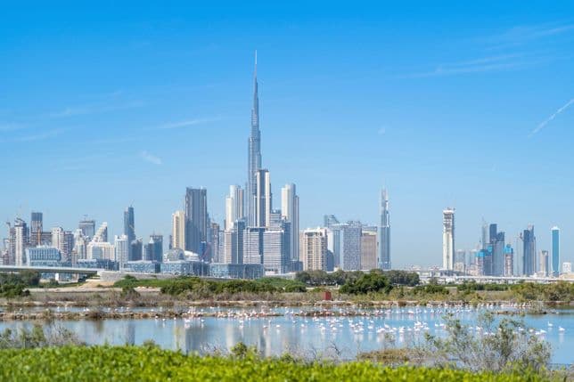 Dubai skyline with Burj Khalifa, clear blue sky, and a foreground of water and greenery, featuring pink flamingos.