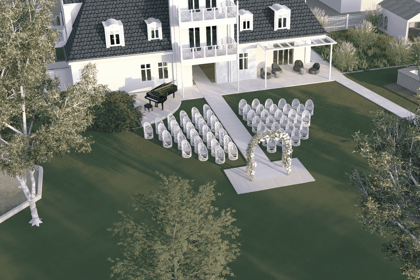 Approx. 50 wicker chairs and a wedding arch in the garden of the Lütjenhof, a wing on the left behind the group of chairs