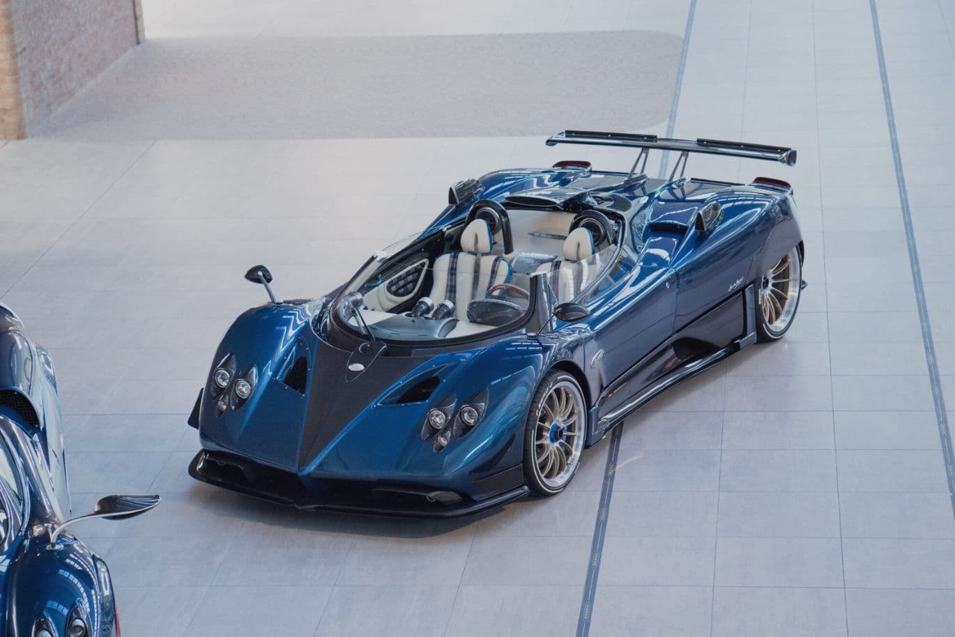 Blue Pagani Zonda HP Barchetta in showroom
