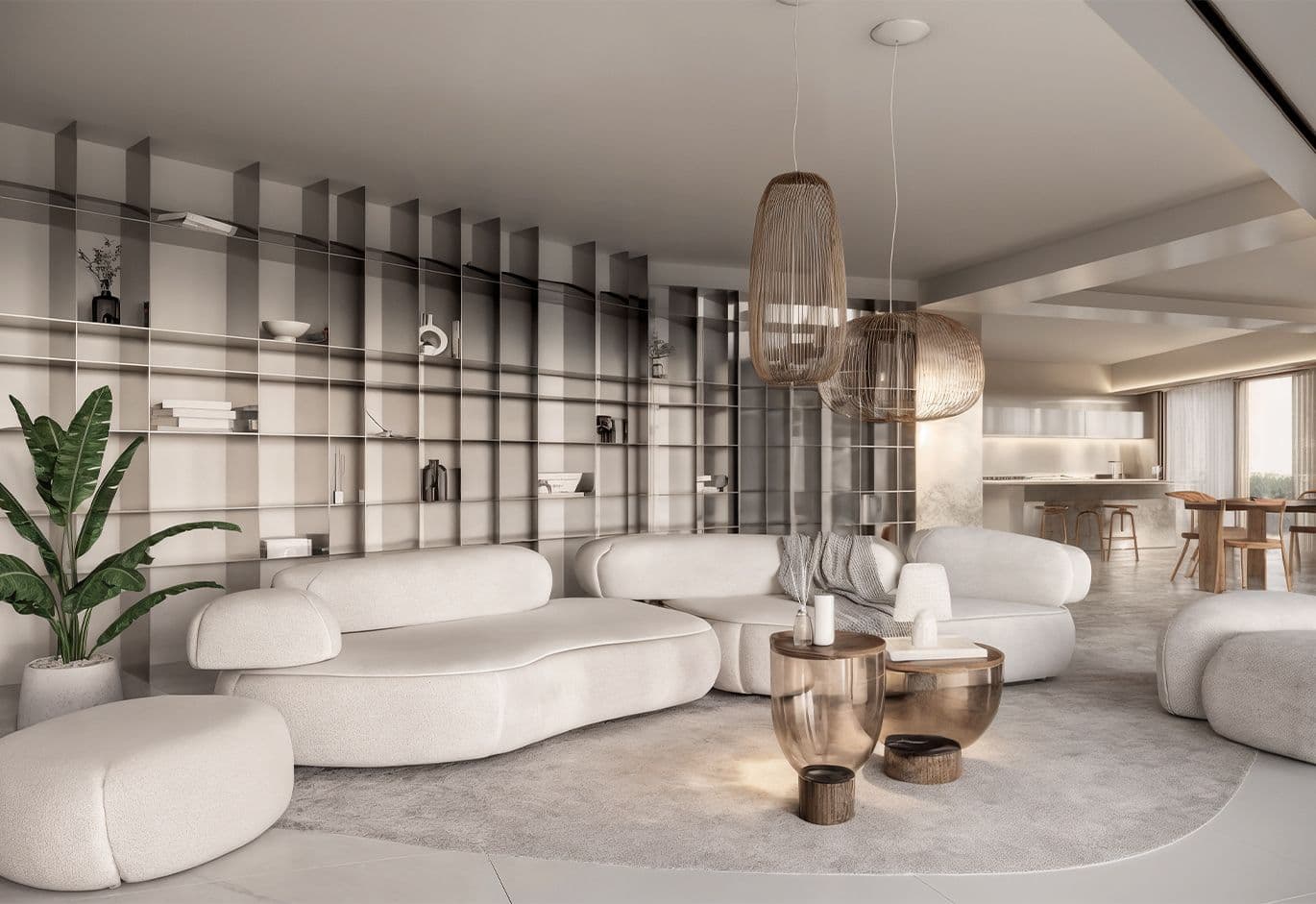 Ένα σαλόνι με λευκούς καναπέδες