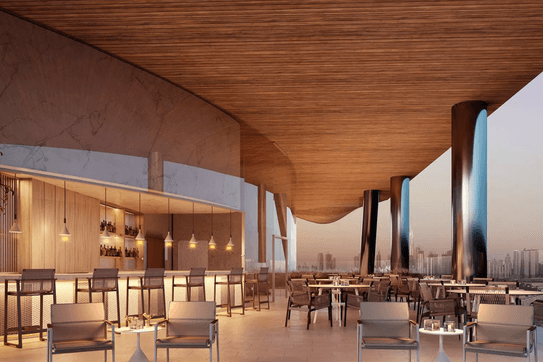 Modern rooftop restaurant with sleek wooden ceiling, city skyline view, stylish seating, and a well-lit bar area.
