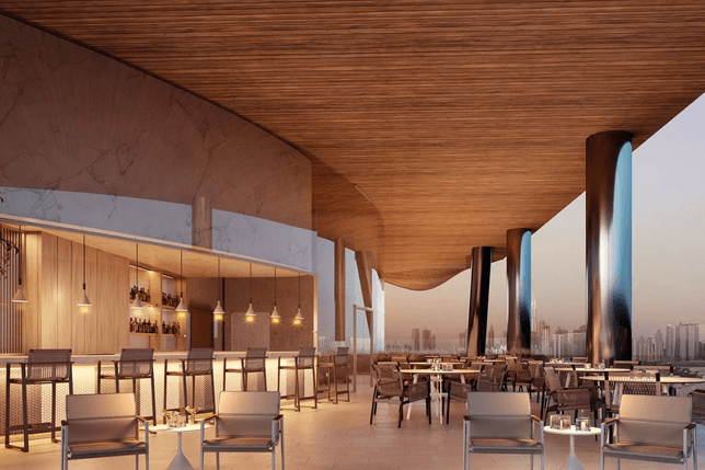 Modern rooftop restaurant with sleek wooden ceiling, city skyline view, stylish seating, and a well-lit bar area.