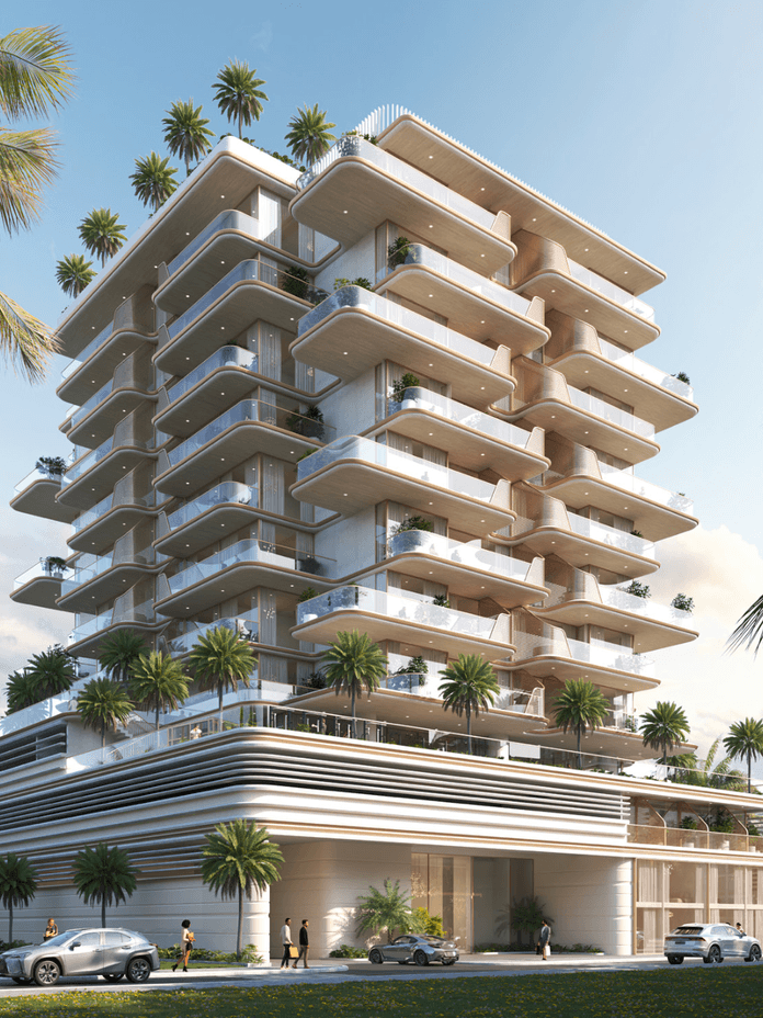 Exterior view of Sunset Bay 5 showing a mid rise waterfront building with layered balconies, integrated greenery, and a podium base, with residents and cars at the entrance.