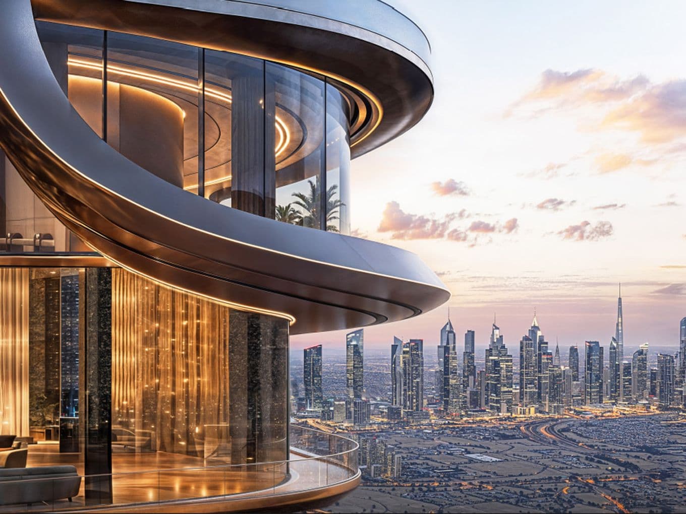 A luxurious curved glass façade of Shahrukhz’s sky lounge overlooking the Dubai skyline at sunset, featuring warm interior lighting and elevated architectural detailing.