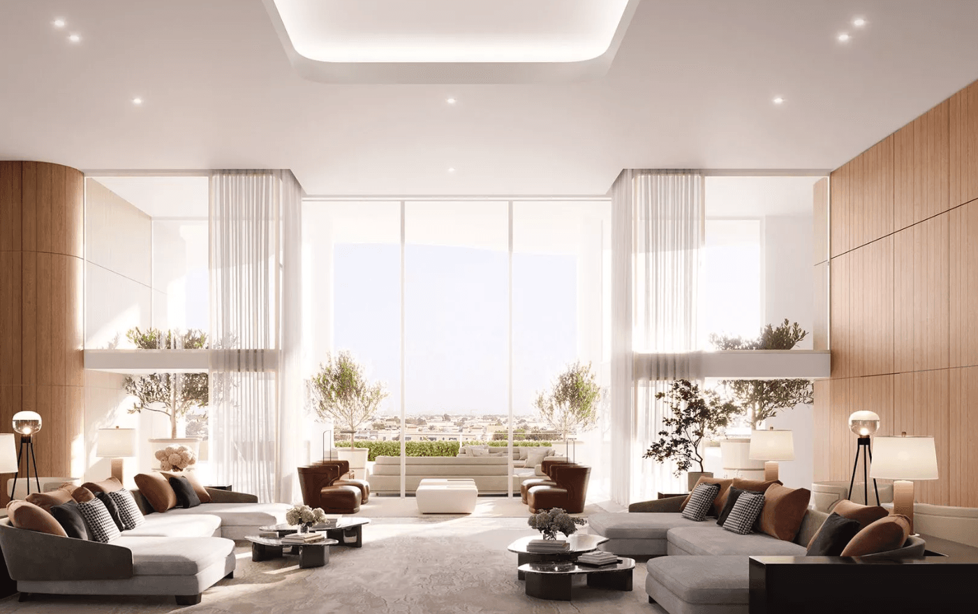 Spacious, modern living room with large windows, elegant furniture, soft lighting, and potted plants, overlooking a scenic view.