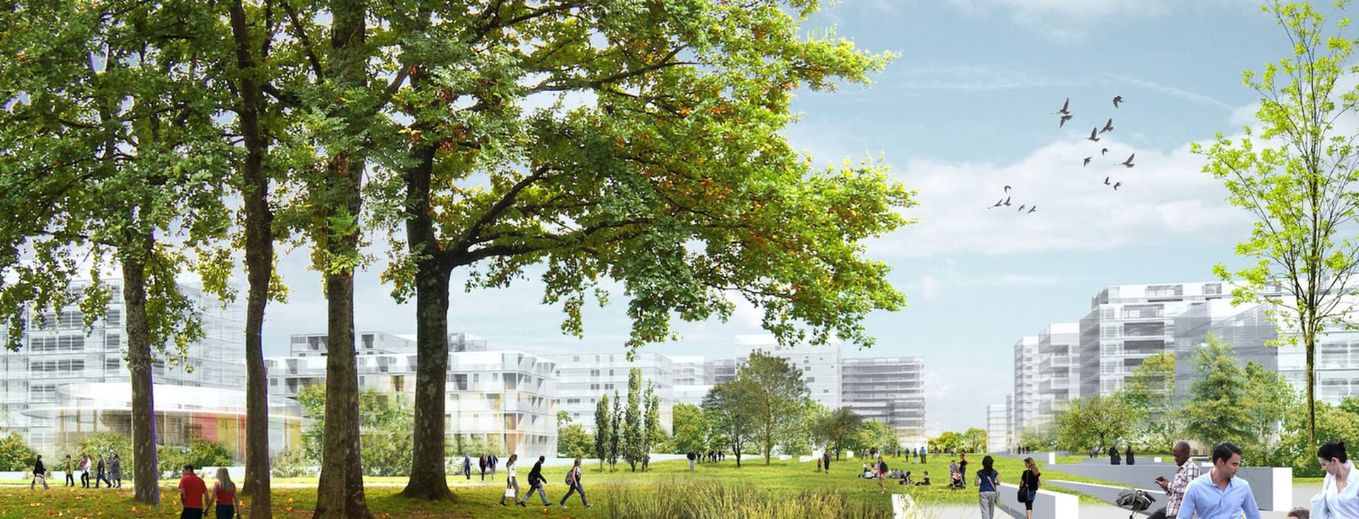 A park scene with people walking and cycling near trees and a pond, modern buildings in the background, under a blue sky with birds flying.