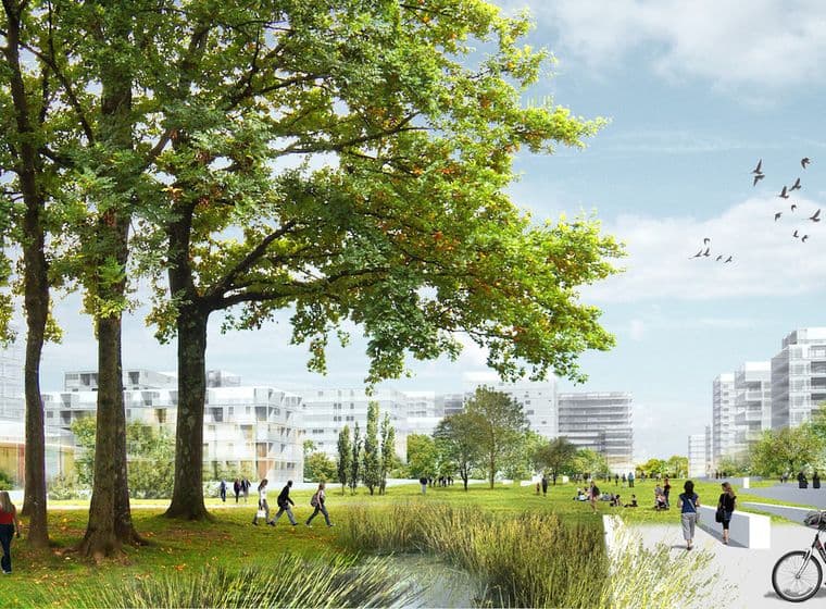 A park scene with trees, people walking and cycling, and modern buildings in the background under a blue sky with birds flying.