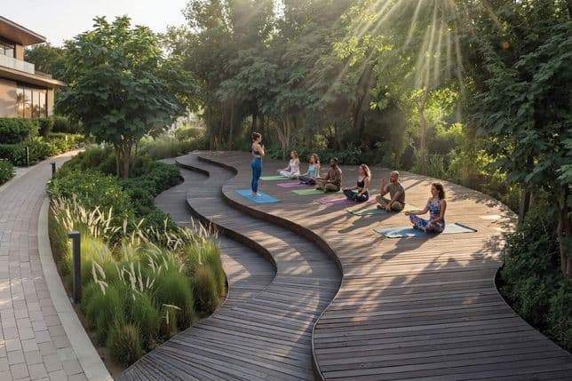 A group practices yoga on a curved wooden platform in a sunlit, tree-lined garden, with a path and lush greenery nearby.