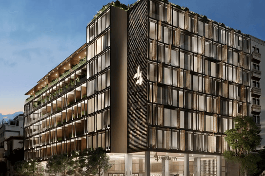 Luxury building in the center of Athens with 3D rendering at dawn