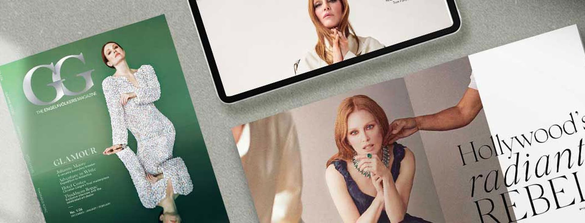 Mock-ups of the GG Magazine Cover Story with actress Julianne Moore.