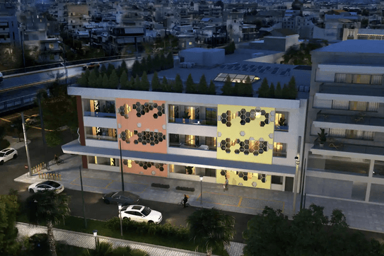 3D rendering of a luxury building in Moschato, Athens during night