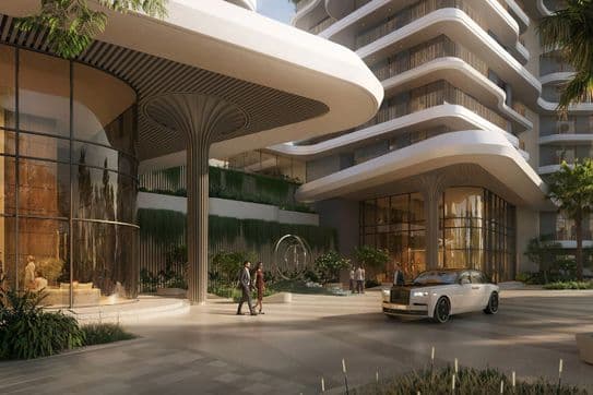 Modern building entrance with futuristic columns, large windows, and a luxury car parked outside. People walking near landscaped greenery.