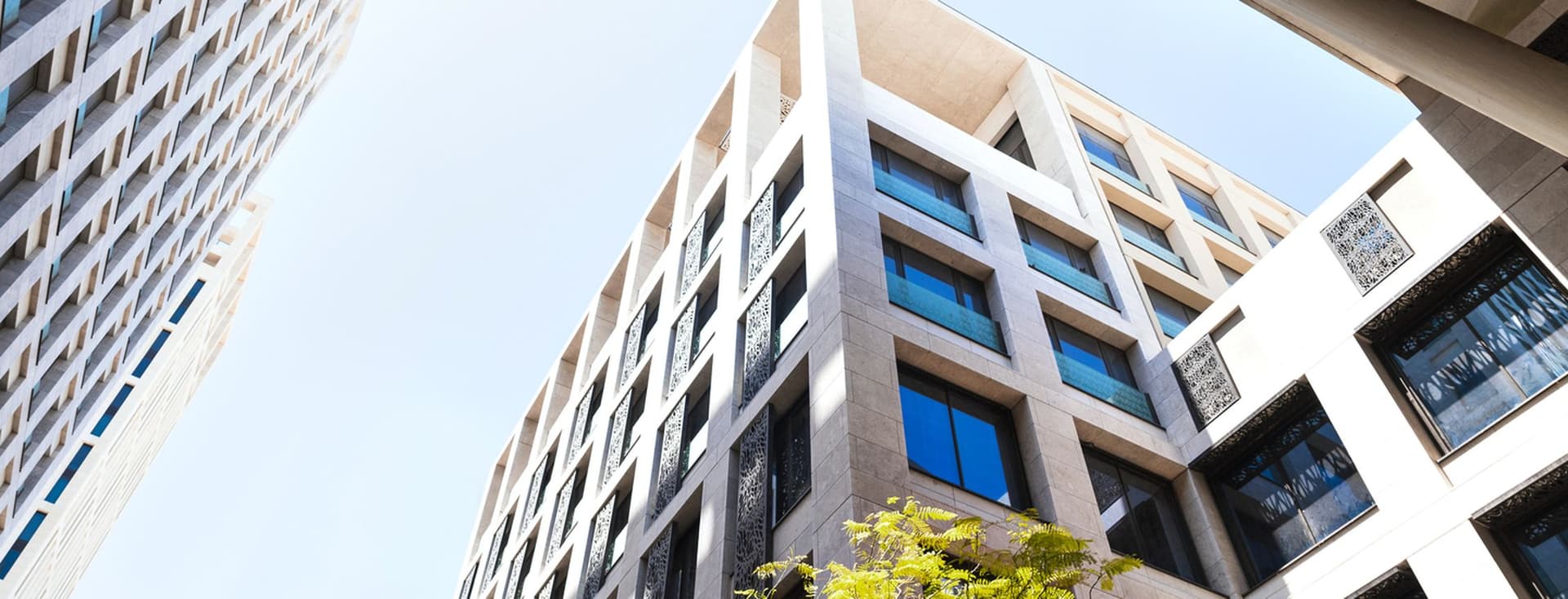 Vista de baixo ângulo de edifícios modernos e de cor clara com janelas azuis contra um céu limpo. Uma árvore com folhas verdes está em primeiro plano.