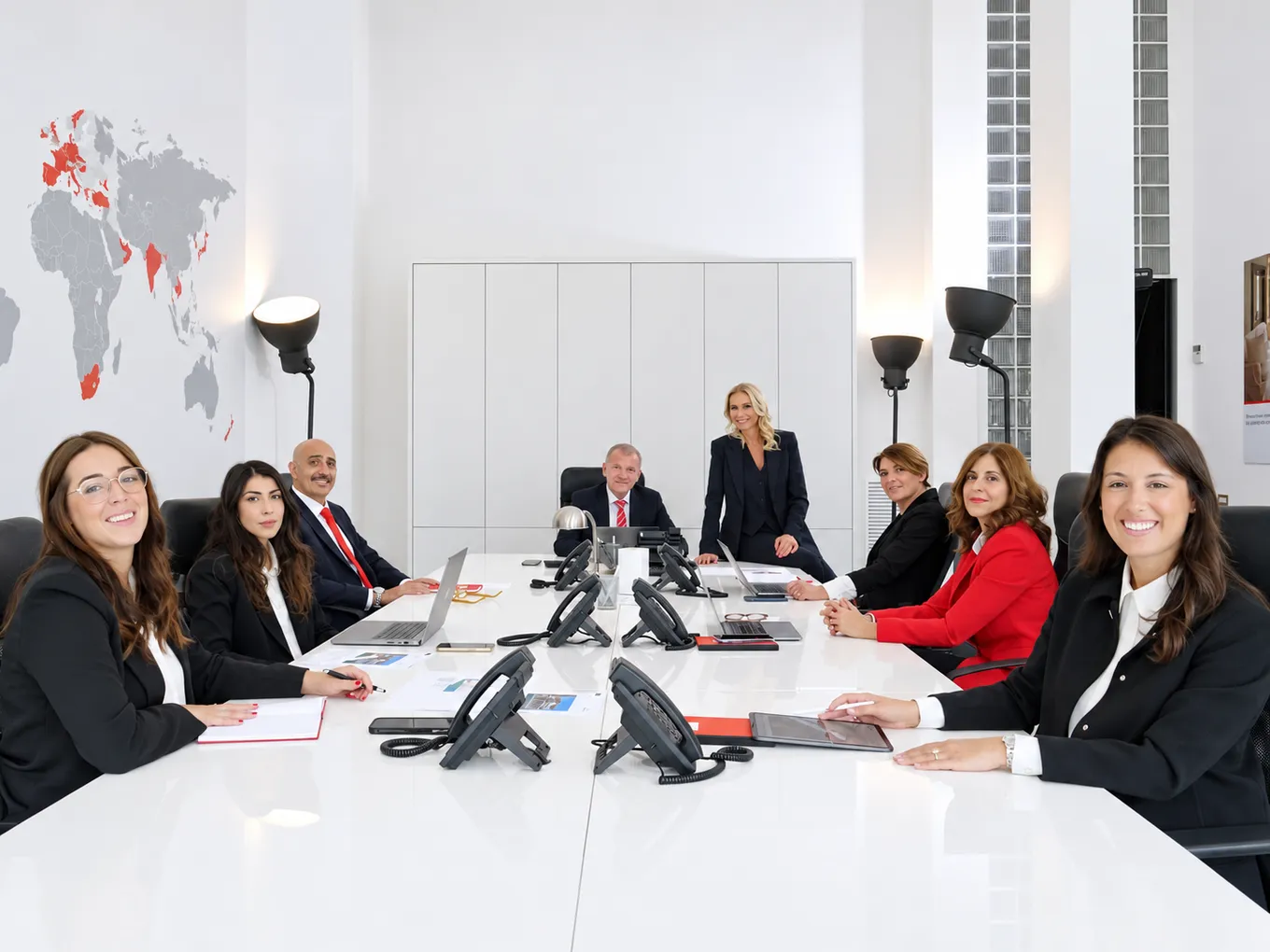 Das Team von Engel & Völkers am Comer See in einem hellen Büro an einem weißen Konferenztisch. KI-generiertes Bild