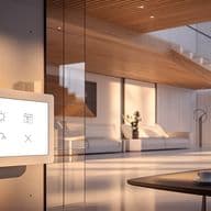 Modern living room with a wall-mounted smart home display, sleek staircase, large windows, and a table with a coffee cup in a bright setting.