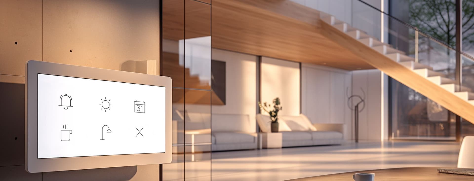 Modern living room with a wall-mounted smart home display, sleek staircase, large windows, and a table with a coffee cup in a bright setting.