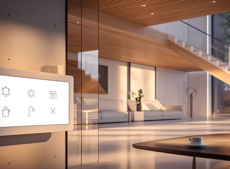 Modern living room with a wall-mounted smart home display, sleek staircase, large windows, and a table with a coffee cup in a bright setting.