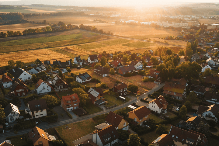 Aerial view of a small village with red-roof houses, green lawns and patchwork farmland bathed in golden sunset.