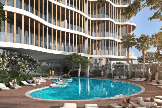 Modern building with wavy balconies overlooking a pool surrounded by lounge chairs, palm trees, and people relaxing under a clear blue sky.