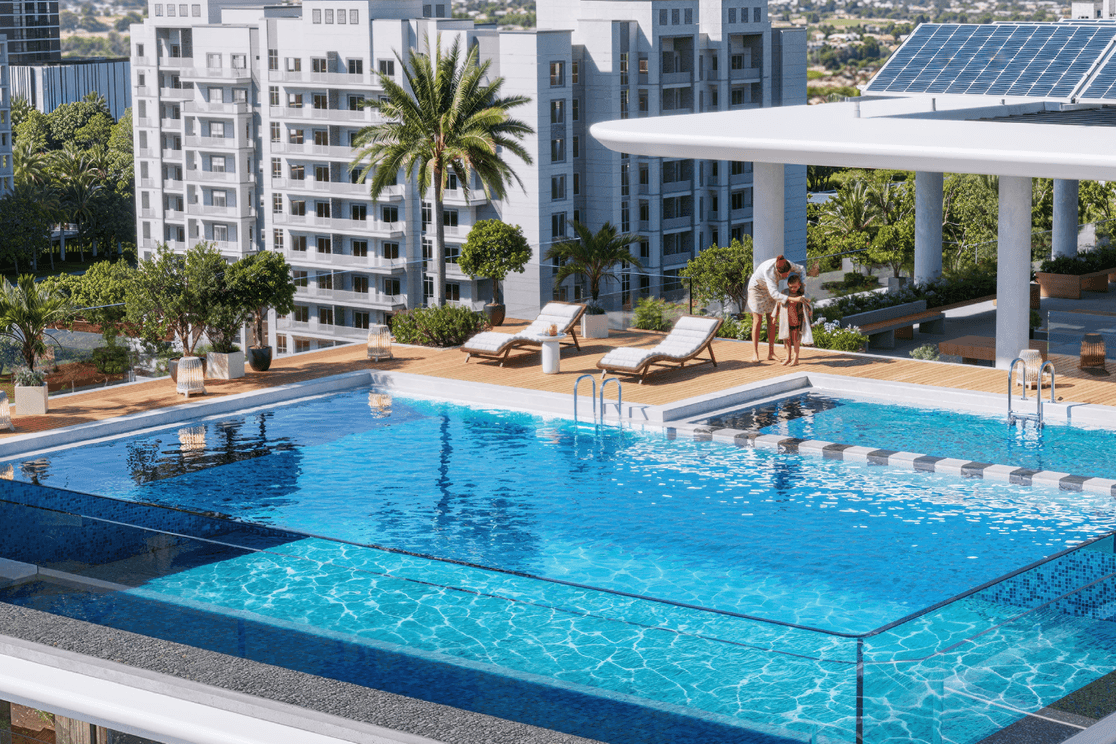 Rise by Blanco Developments rooftop pool area overlooking International City