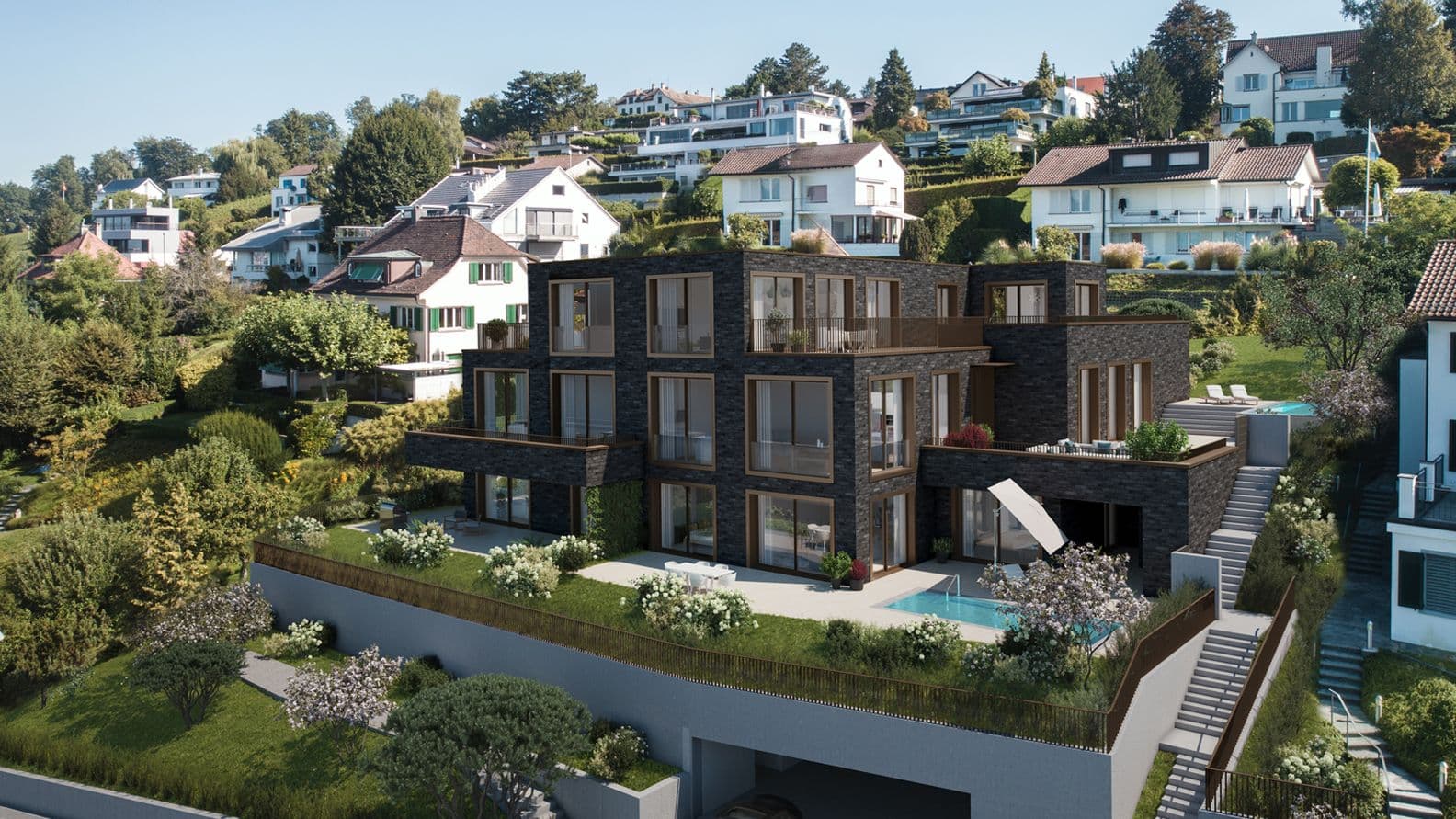 Modern apartment building with black bricks in a prime location in Zurich with pool and garden area