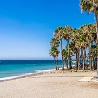 Platja de Marbella Oest amb sorra clara, mar cristal·lí i moltes palmeres paradisíaques.