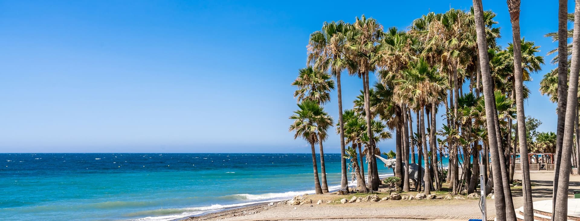 Marbella West beach with clear sand, crystal clear sea and many paradisiacal palm trees.