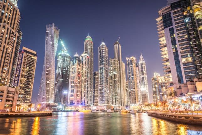 Lights shimmering off the water in Dubai Marina