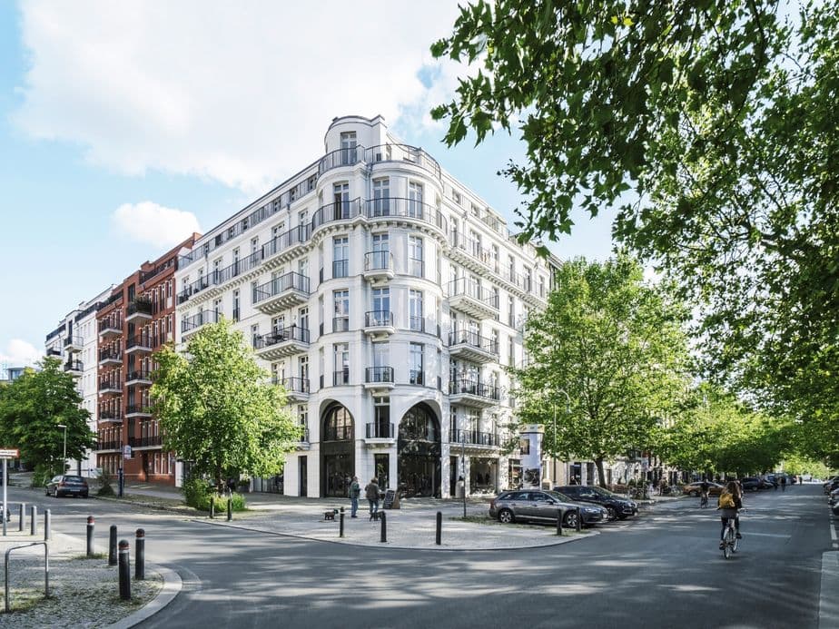 Modern residential building in a leafy Berlin neighbourhood with classic European architecture