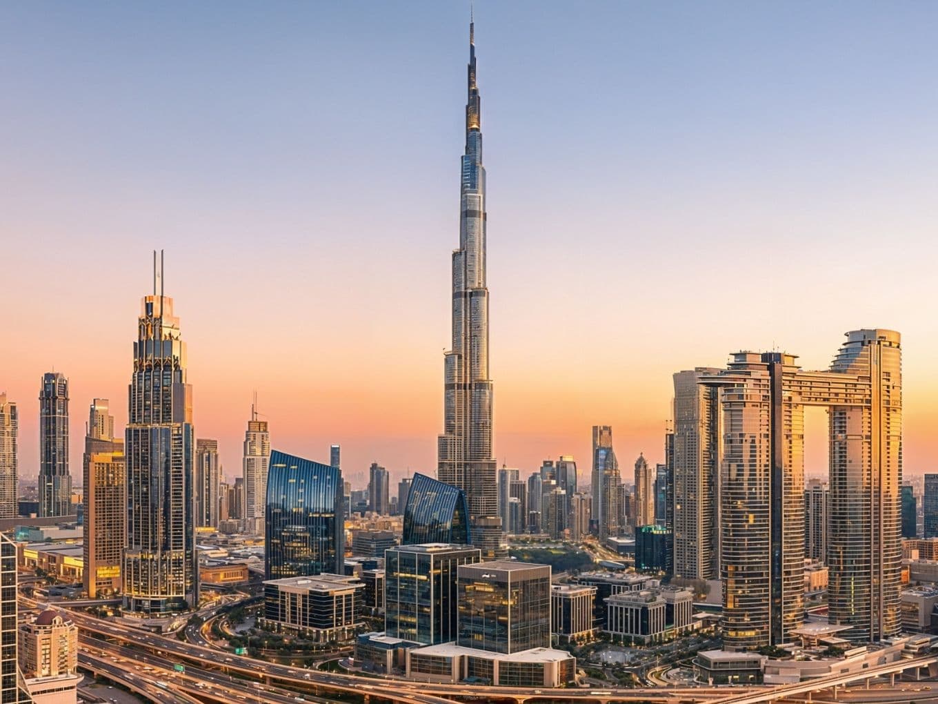 Dubai skyline at sunset featuring the Burj Khalifa and surrounding modern high-rise buildings