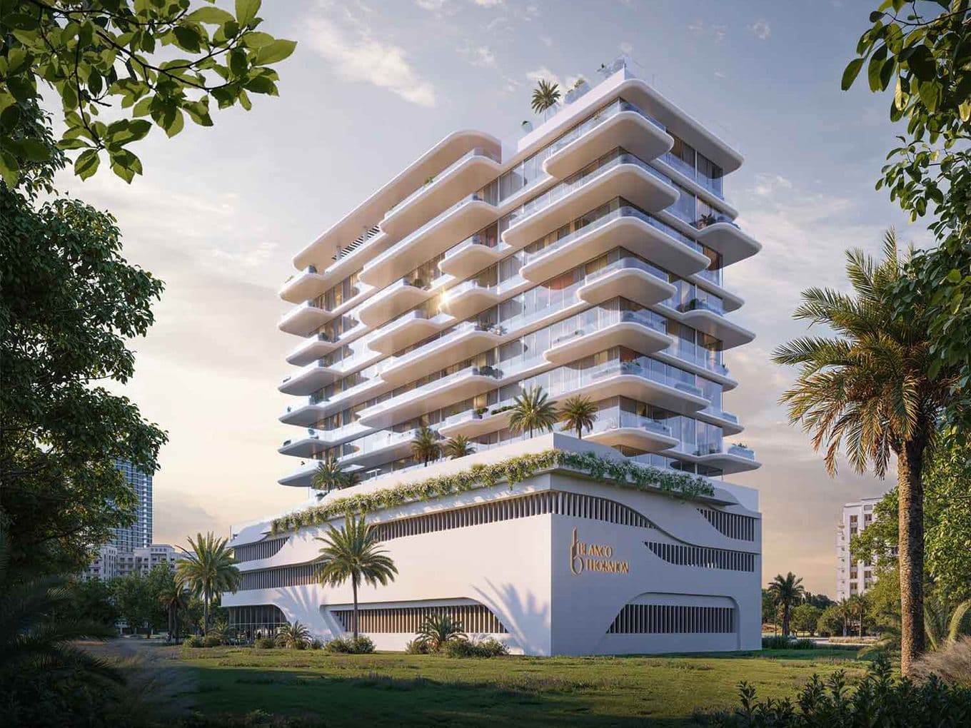Rise Dubai mid-rise apartment tower in International City Warsan with landscaped surroundings