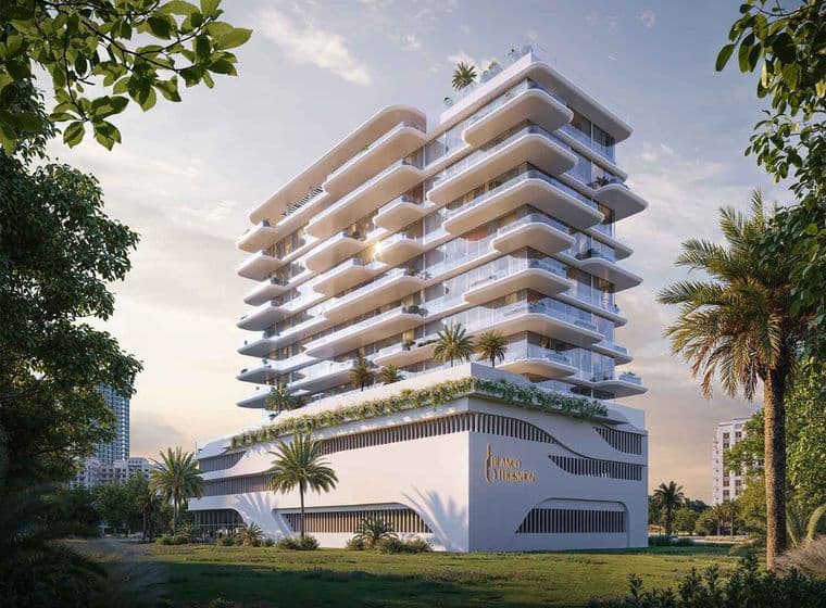Rise Dubai mid-rise apartment tower in International City Warsan with landscaped surroundings