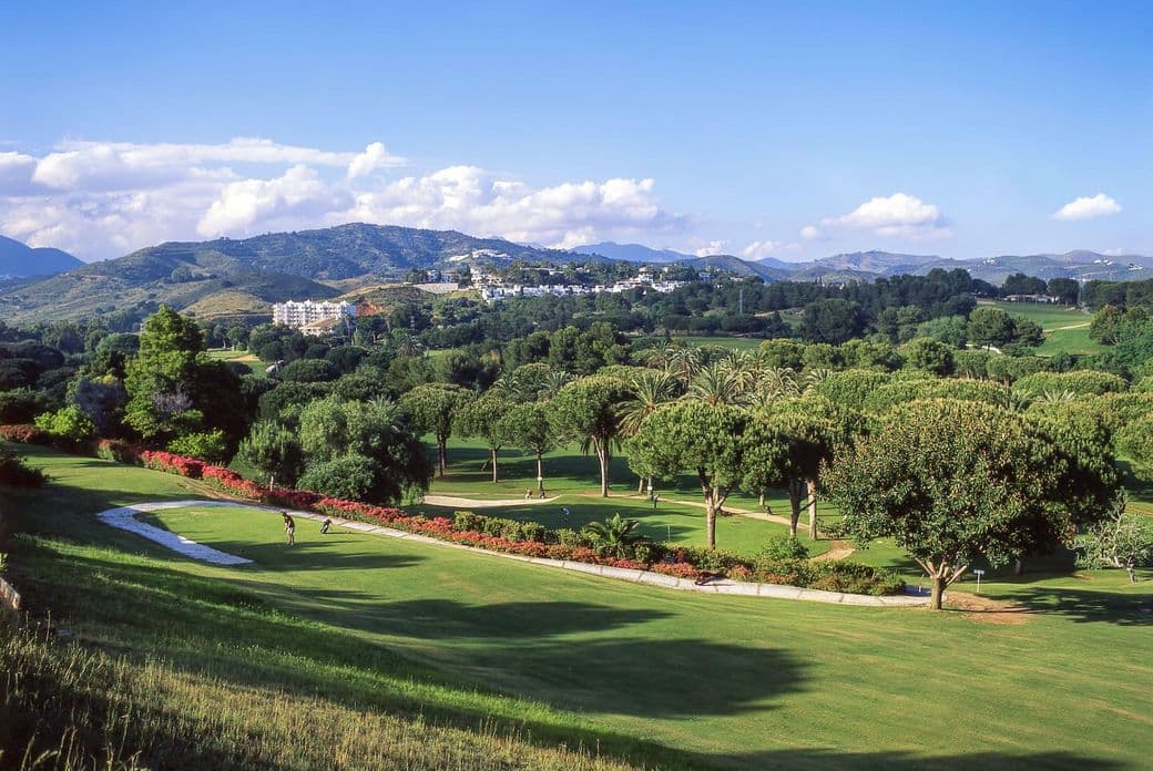 Campo de golf de Río Real rodeado de plantas verdes y montañas.