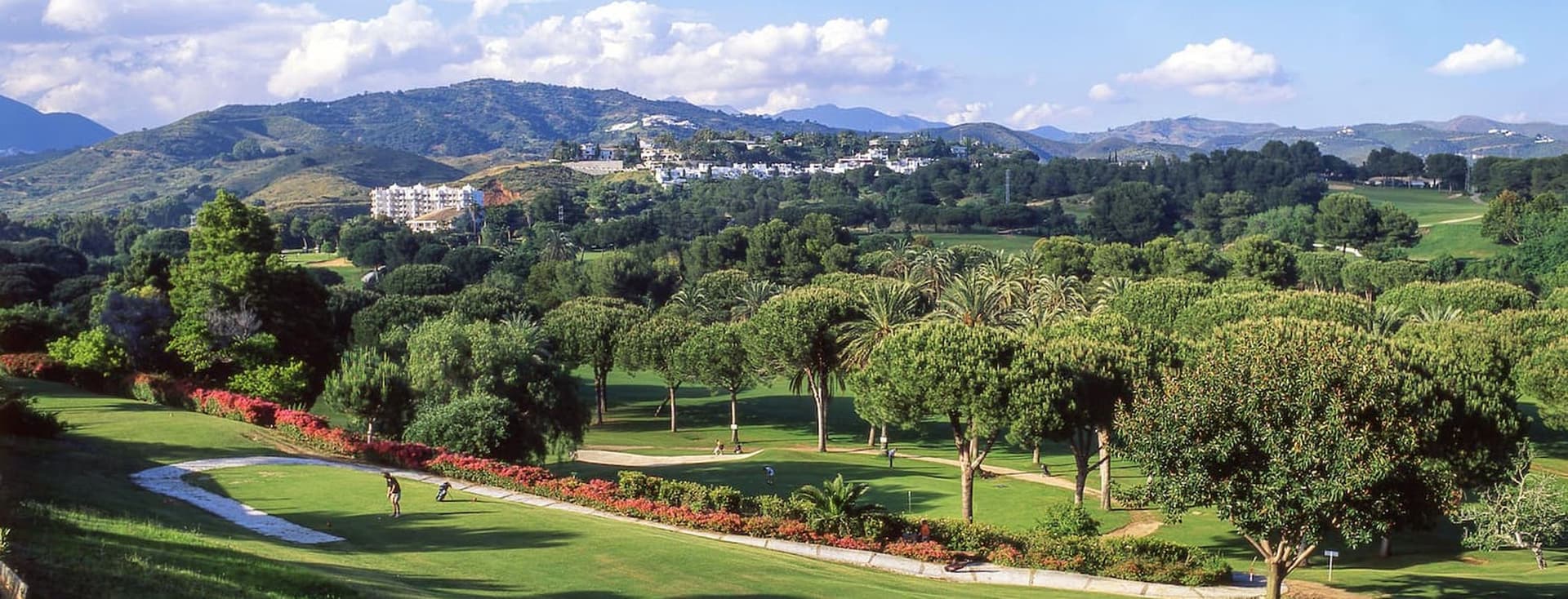 Camp de golf Río Real envoltat de plantes verdes i muntanyes.