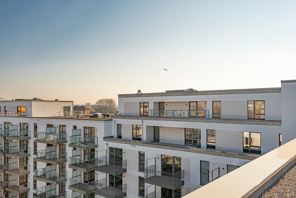 Modern apartment buildings with glass balconies under a clear sky, with a lone bird flying above.