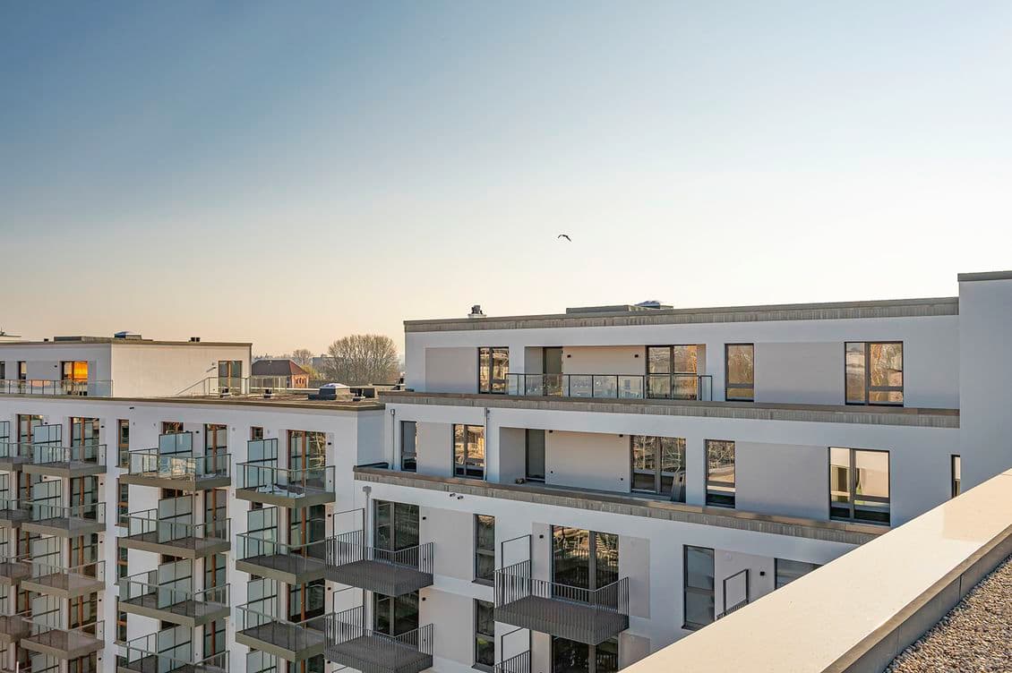 Modern apartment buildings with glass balconies under a clear sky, with a lone bird flying above.