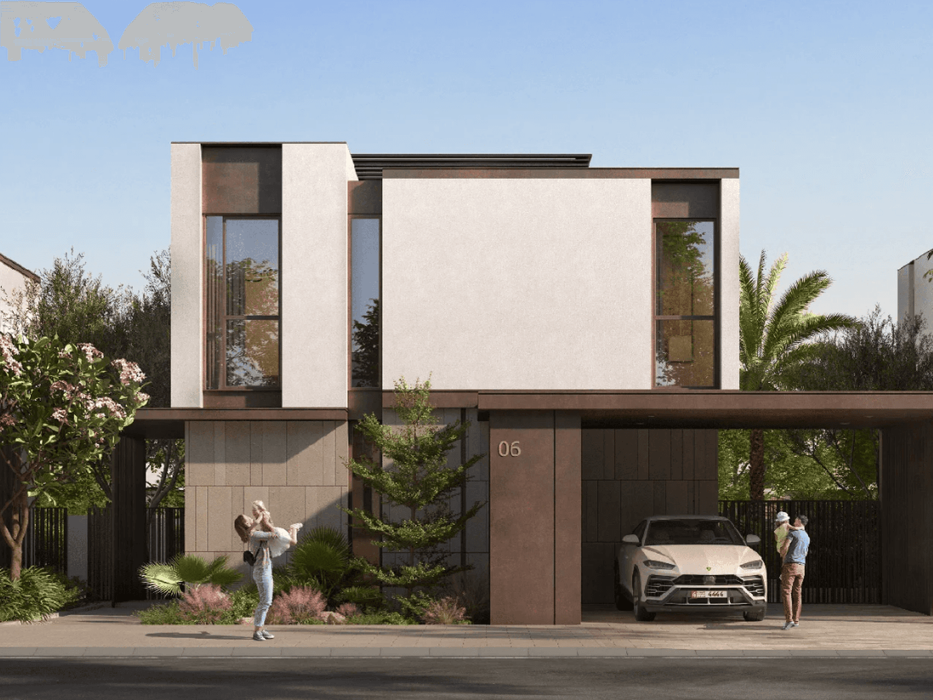 Modern two-story house with large windows, a car parked in the driveway, and two people standing outside. Lush greenery surrounds the property.