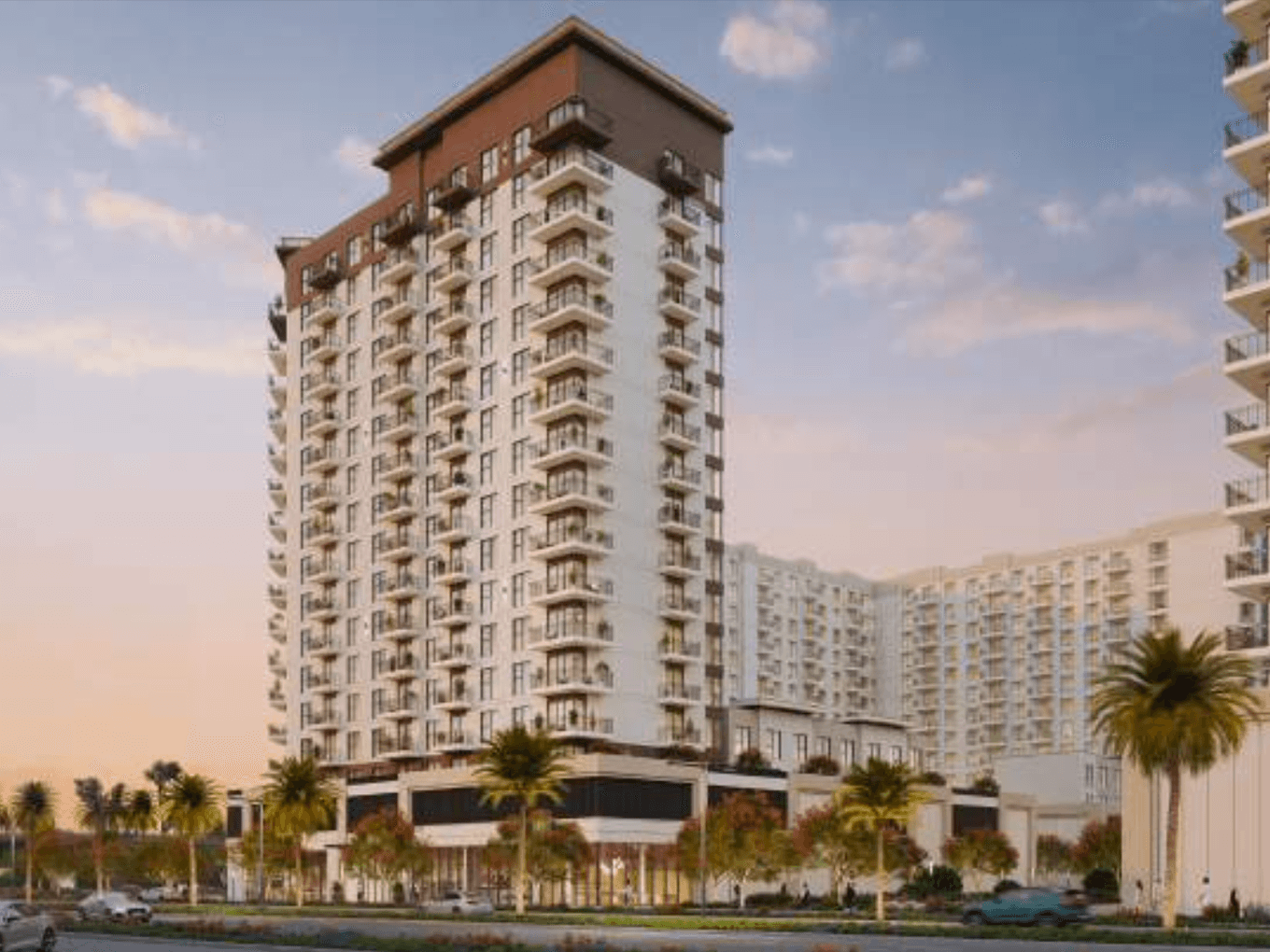 Exterior view of Rosewell in Town Square Dubai with modern architectural lines and landscaped surroundings.