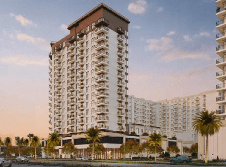 Exterior view of Rosewell in Town Square Dubai with modern architectural lines and landscaped surroundings.